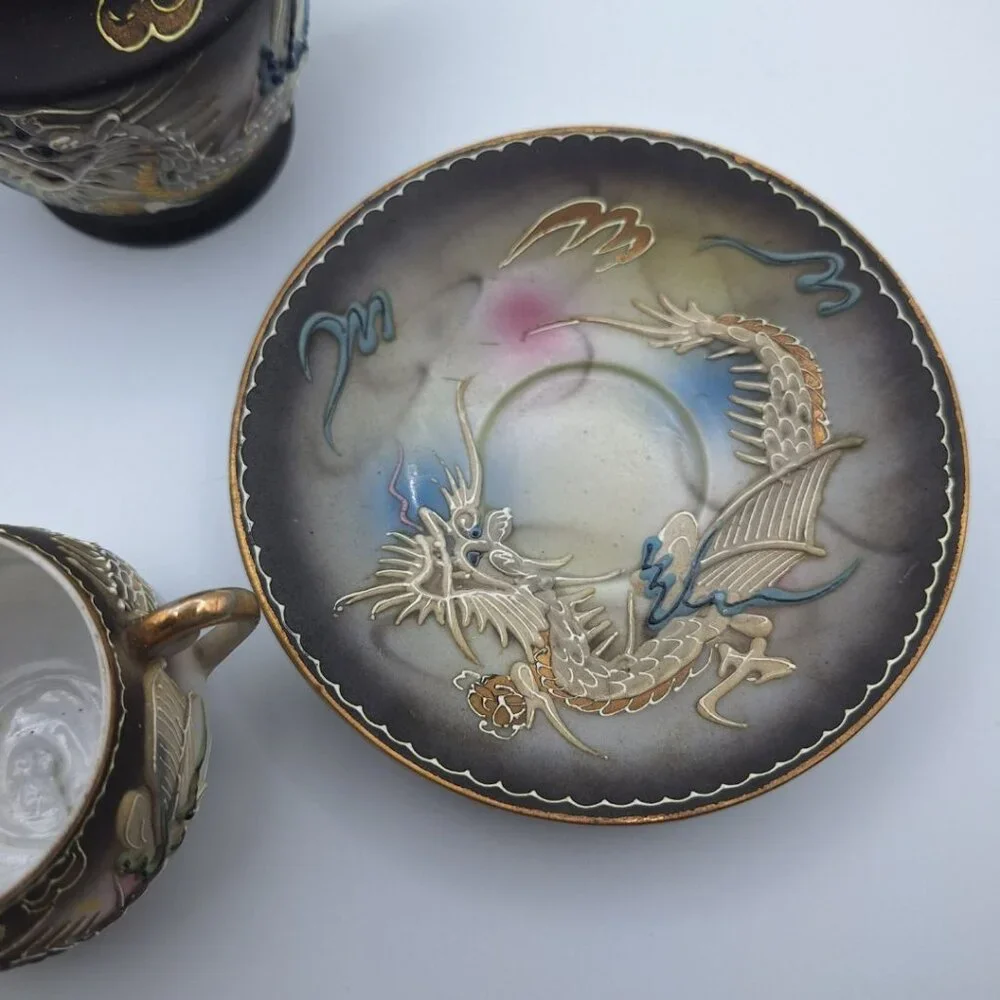 Dragonware Japanese Moriage Cream Pitcher‎ Black Blue Raised Saucer Teacup Set